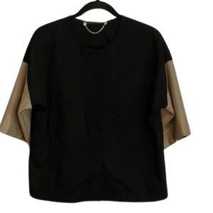 Chico’s Black Colorblocked Jacket Tan Faux Leather short sleeve size 1 (8/10)NWT